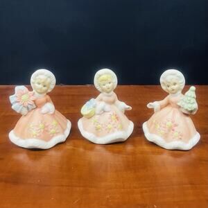 Set of 3 Christmas Girl In Winter Dress Hand Painted Ceramic Figurines VTG